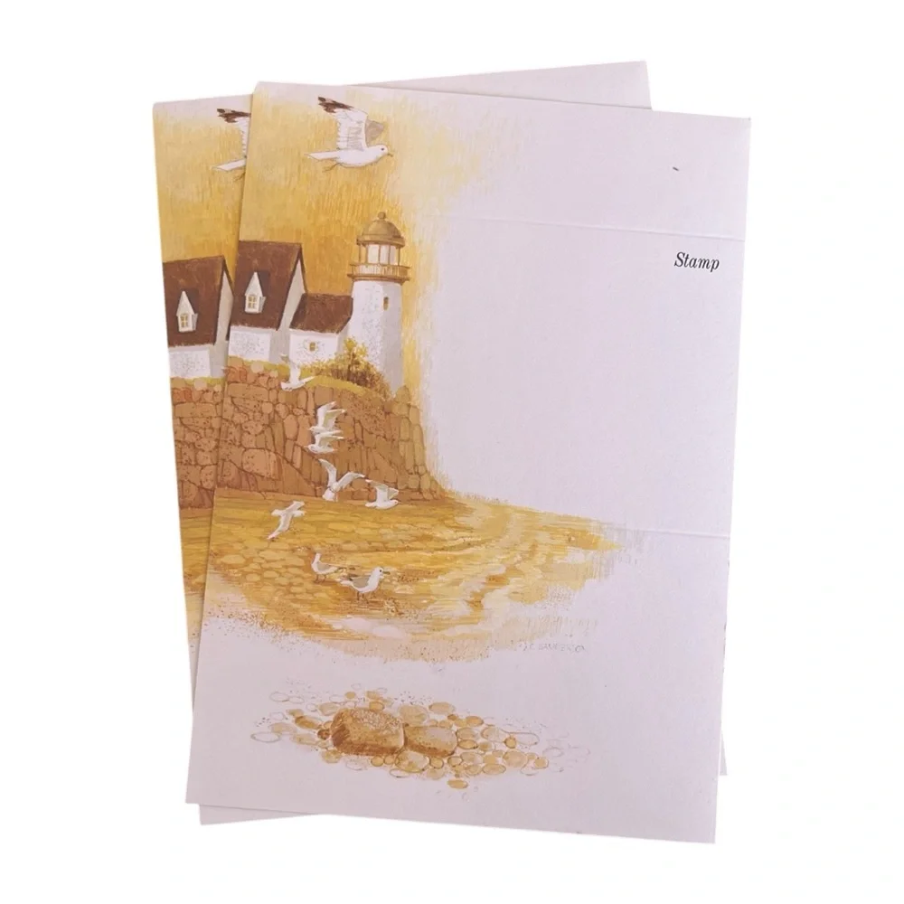 Vintage Seashore Just a Notes Birds Lighthouse Blank Cards Coastal